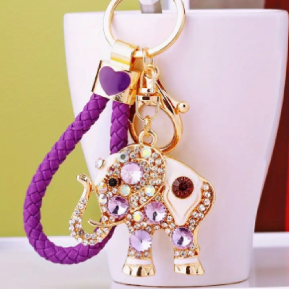 Crystal Rhinestone Elephant Keychain, Glass & Metal Adorable Bag Charm